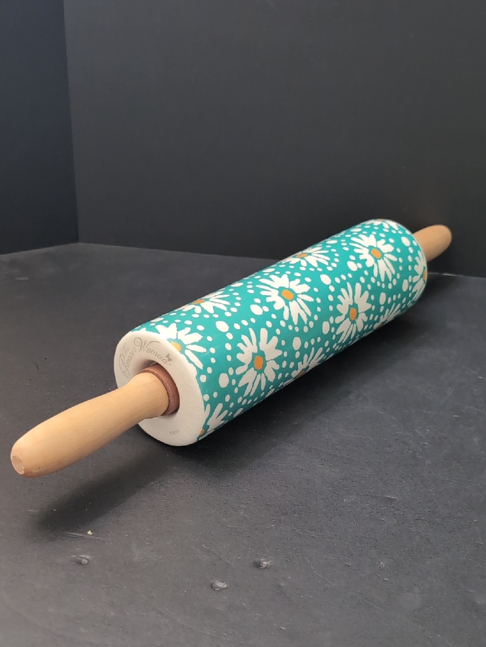 The Pioneer Woman Flea Market Floral Turquoise Ceramic Rolling Pin.
